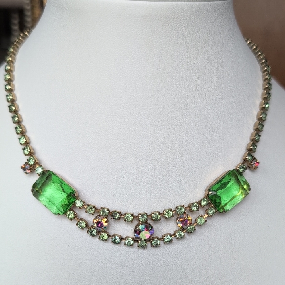 Green Emerald Cut and Pink Aurora Borealis Rhinestone Necklace